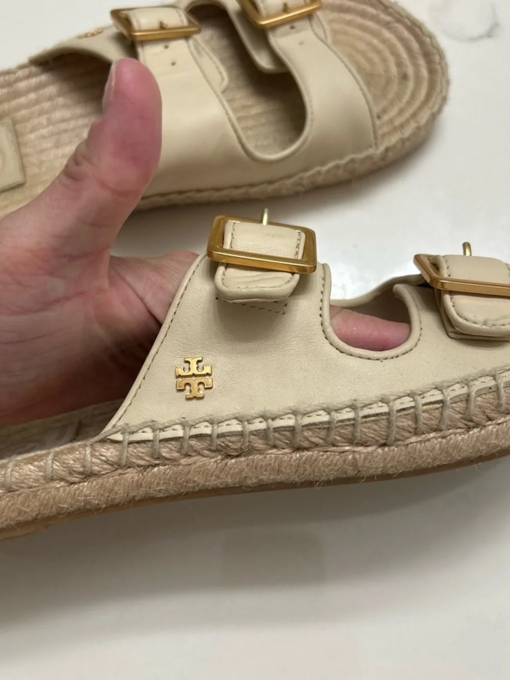 Tory Burch Cream Double-Strap Espadrille Slides with Gold Buckles
